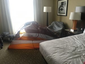 Tent drying out in a hotel room in Oakland California, after backpacking in Yosemite National Park