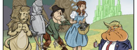 The Wizard of Oz gang meets Donald Trump along the Yellow Brick Road